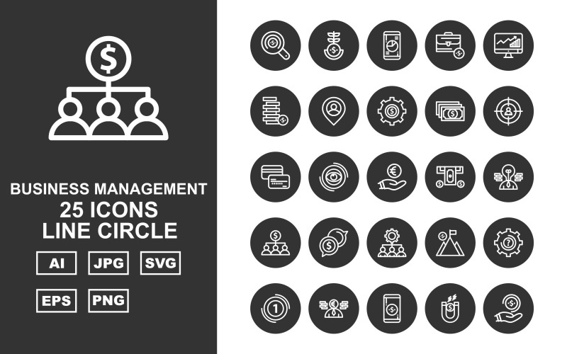 Download Набор иконок "25 Premium Business Management Line Circle Pack Icon Set" / 25 Premium Business Management Line Circle Pack Icon Set - Набор иконок на тему business find,eye,mountain,setting,business,creative man,mobile,magnet,saving,plant,suitcase,led,coin,location,dollar,target,atm card,atm machine,network,icon