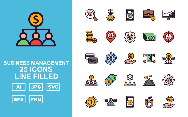 Download Набор иконок "25 Premium Business Management Line Filled Pack Icon Set" / 25 Premium Business Management Line Filled Pack Icon Set - Набор иконок на тему business find,eye,mountain,setting,business,creative man,mobile,magnet,saving,plant,suitcase,led,coin,location,dollar,target,atm card,atm machine,network,icon