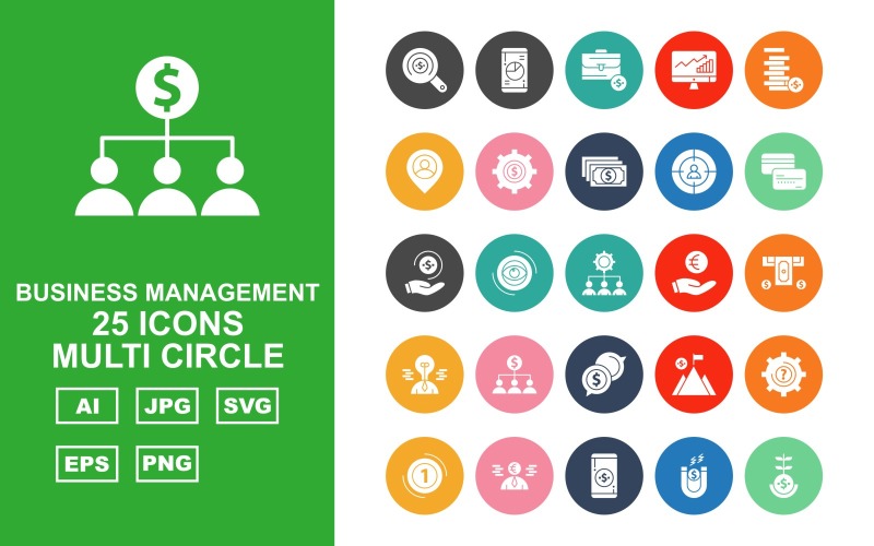 Download Набор иконок "25 Premium Business Management Multi Circle Pack Icon Set" / 25 Premium Business Management Multi Circle Pack Icon Set - Набор иконок на тему business find,eye,mountain,setting,business,creative man,mobile,magnet,saving,plant,suitcase,led,coin,location,dollar,target,atm card,atm machine,network,icon
