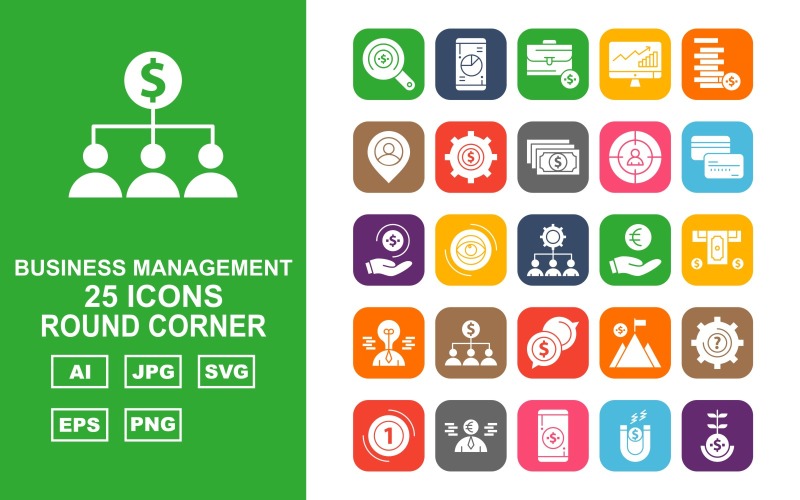 Download Набор иконок "25 Premium Business Management Roung Corner Pack Icon Set" / 25 Premium Business Management Roung Corner Pack Icon Set - Набор иконок на тему business find,eye,mountain,setting,business,creative man,mobile,magnet,saving,plant,suitcase,led,coin,location,dollar,target,atm card,atm machine,network,icon