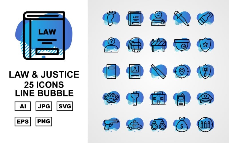 Download Набор иконок "25 Premium Law And Justice Line Bubble Pack Icon Set" / 25 Premium Law And Justice Line Bubble Pack Icon Set - Набор иконок на тему military car light,justice,finger,appeal,cctv,police cap,gun,police car,handcuff,sack,read,convicted,enforcement,lock,find,dog print,witness,law and justice,vault,icon