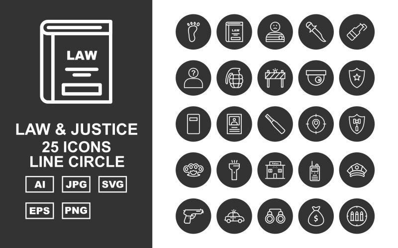 25 Premium Law and Justice Line Circle Pack Ikonuppsättning