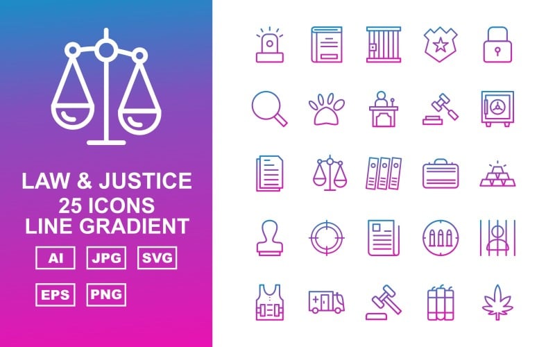 Download Набор иконок "25 Premium Law And Justice Line Gradient Pack Icon Set" / 25 Premium Law And Justice Line Gradient Pack Icon Set - Набор иконок на тему military car light,justice,finger,appeal,cctv,police cap,gun,police car,handcuff,sack,read,convicted,enforcement,lock,find,dog print,witness,law and justice,vault,icon