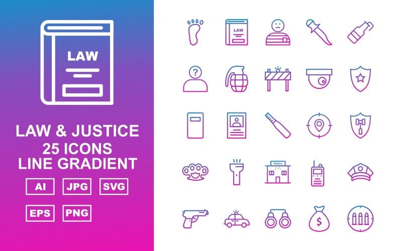 Download Набор иконок "25 Premium Law And Justice Line Gradient Pack Icon Set" / 25 Premium Law And Justice Line Gradient Pack Icon Set - Набор иконок на тему military car light,justice,finger,appeal,cctv,police cap,gun,police car,handcuff,sack,read,convicted,enforcement,lock,find,dog print,witness,law and justice,vault,icon