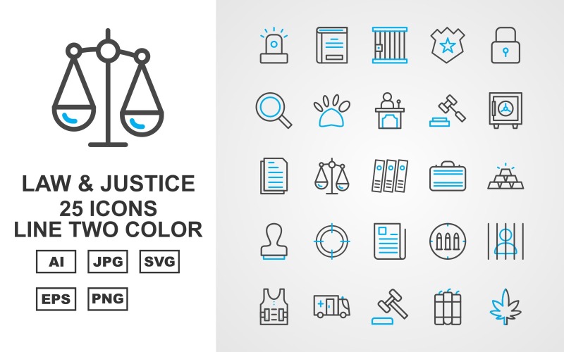 Download Набор иконок "25 Premium Law And Justice Line Two Color Pack Icon Set" / 25 Premium Law And Justice Line Two Color Pack Icon Set - Набор иконок на тему military car light,justice,finger,appeal,cctv,police cap,gun,police car,handcuff,sack,read,convicted,enforcement,lock,find,dog print,witness,law and justice,vault,icon