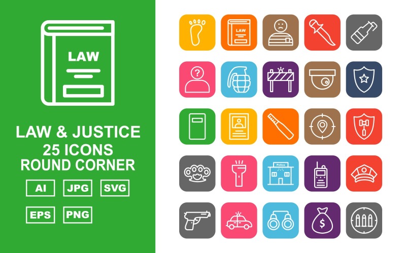 Download Набор иконок "25 Premium Law And Justice Round Corner Pack Icon Set" / 25 Premium Law And Justice Round Corner Pack Icon Set - Набор иконок на тему military car light,justice,finger,appeal,cctv,police cap,gun,police car,handcuff,sack,read,convicted,enforcement,lock,find,dog print,witness,law and justice,vault,icon