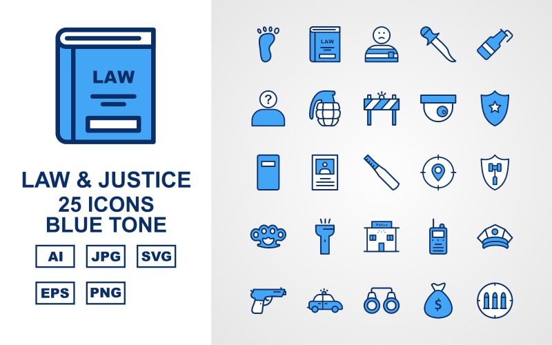 25 Premium Law und Gerechtigkeit Blue Tone Pack Icon Set