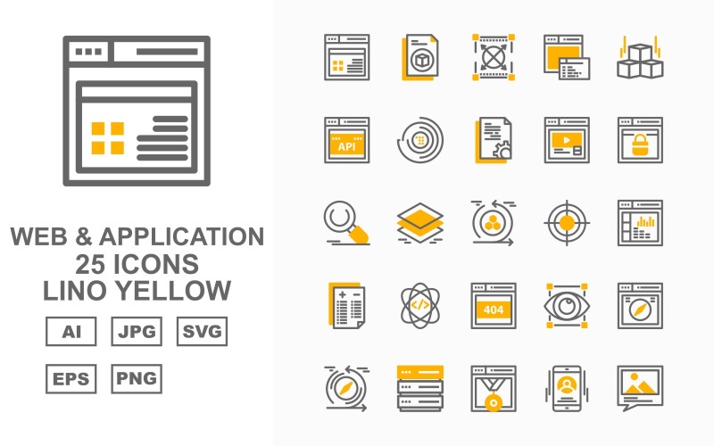 Download Набор иконок "25 Premium Web And Application Lino Yellow Pack Icon Set" / 25 Premium Web And Application Lino Yellow Pack Icon Set - Набор иконок на тему computer browser,atom,report,website,aim,reload,search,webpage,full screen,document,gallery,smartphone,sever,layers,icon,icons