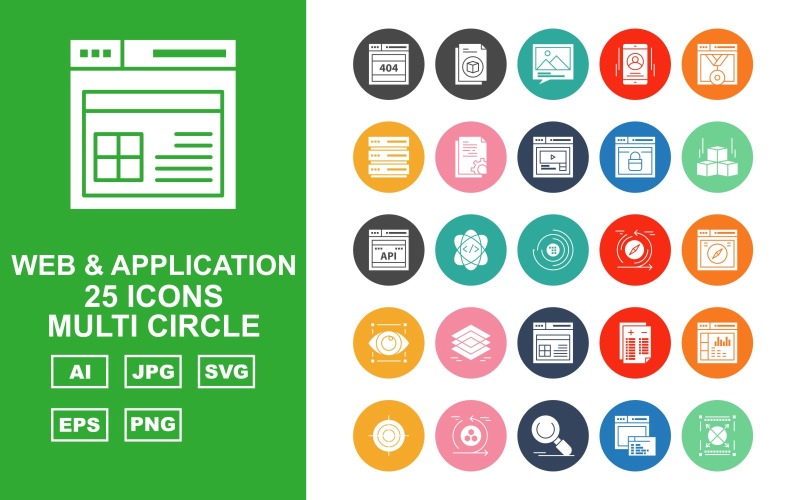 Download Набор иконок "25 Premium Web And Application Multi Circle Pack Icon Set" / 25 Premium Web And Application Multi Circle Pack Icon Set - Набор иконок на тему computer browser,atom,report,website,aim,reload,search,webpage,full screen,document,gallery,smartphone,sever,layers,icon,icons