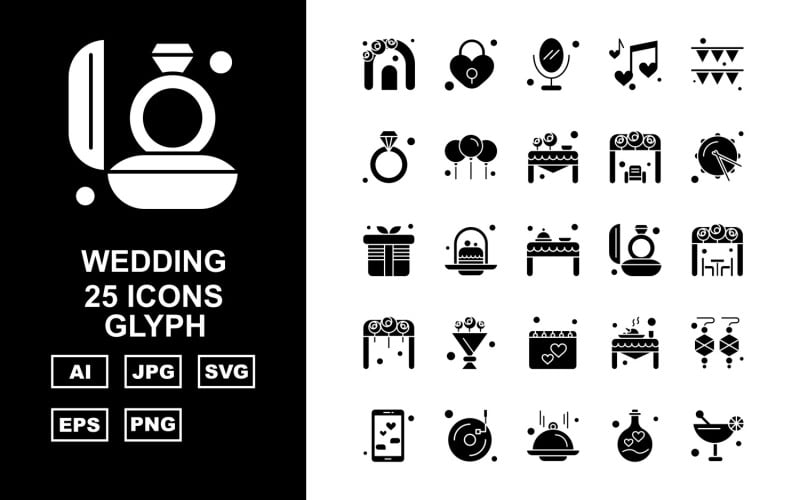Download Набор иконок "25 Premium Wedding Glyph Pack Icon Set" / 25 Premium Wedding Glyph Pack Icon Set - Набор иконок на тему food arch,cake,table,decoration,mobile,music,dish,bulb,juice,lock,mirror,ring,balloon,marriage stage,rum,gift,food table,marriage ring,wedding arch,bouquet