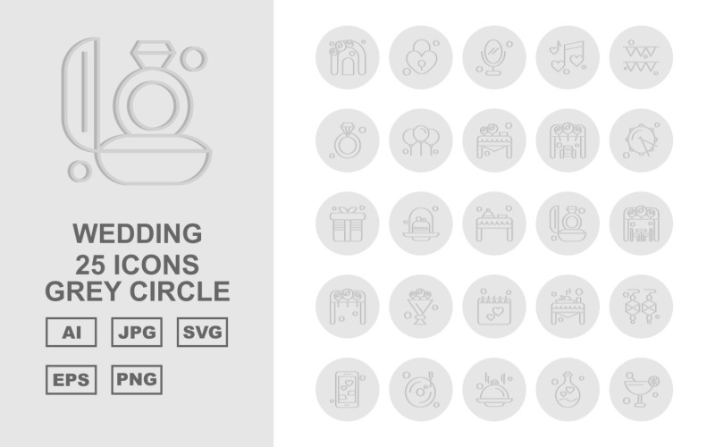 Download Набор иконок "25 Premium Wedding Grey Circle Pack Icon Set" / 25 Premium Wedding Grey Circle Pack Icon Set - Набор иконок на тему food arch,cake,table,decoration,mobile,music,dish,bulb,juice,lock,mirror,ring,balloon,marriage stage,rum,gift,food table,marriage ring,wedding arch,bouquet