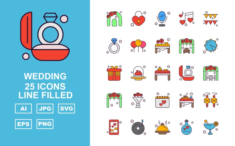 Download Набор иконок "25 Premium Wedding Line Filled Pack Icon Set" / 25 Premium Wedding Line Filled Pack Icon Set - Набор иконок на тему food arch,cake,table,decoration,mobile,music,dish,bulb,juice,lock,mirror,ring,balloon,marriage stage,rum,gift,food table,marriage ring,wedding arch,bouquet