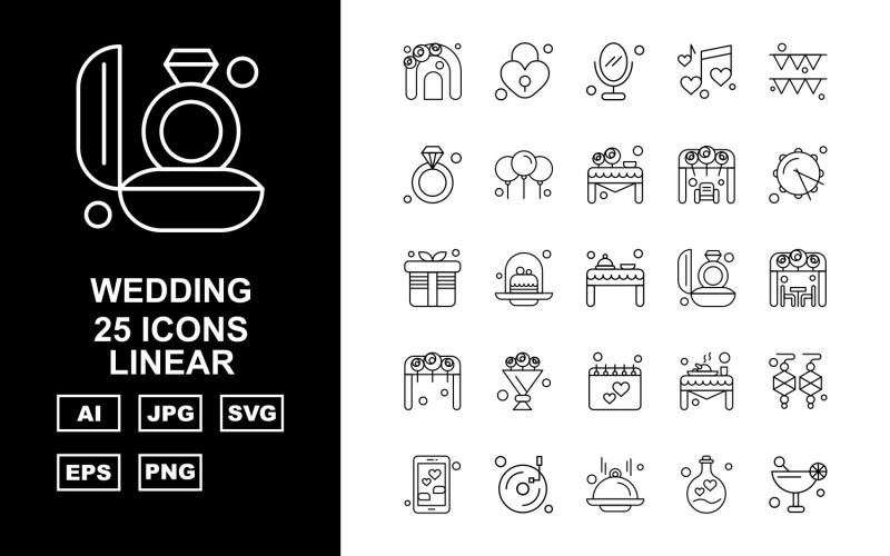 Download Набор иконок "25 Premium Wedding Linear Pack Icon Set" / 25 Premium Wedding Linear Pack Icon Set - Набор иконок на тему food arch,cake,table,decoration,mobile,music,dish,bulb,juice,lock,mirror,ring,balloon,marriage stage,rum,gift,food table,marriage ring,wedding arch,bouquet