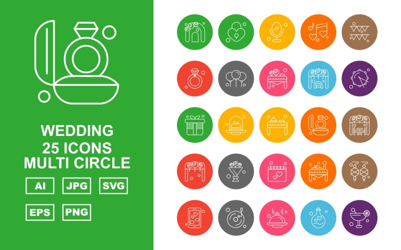 Download Набор иконок "25 Premium Wedding Multi Circle Pack Icon Set" / 25 Premium Wedding Multi Circle Pack Icon Set - Набор иконок на тему food arch,cake,table,decoration,mobile,music,dish,bulb,juice,lock,mirror,ring,balloon,marriage stage,rum,gift,food table,marriage ring,wedding arch,bouquet