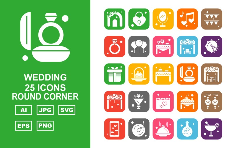 Download Набор иконок "25 Premium Wedding Round Corner Pack Icon Set" / 25 Premium Wedding Round Corner Pack Icon Set - Набор иконок на тему food arch,cake,table,decoration,mobile,music,dish,bulb,juice,lock,mirror,ring,balloon,marriage stage,rum,gift,food table,marriage ring,wedding arch,bouquet