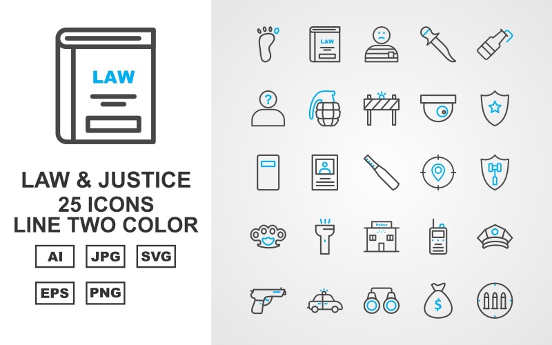 Sada 25 prémiových zákonů a spravedlnosti Line Two Color Pack Icon Set