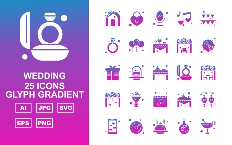 25 set di icone pacchetto gradiente glifo matrimonio premium