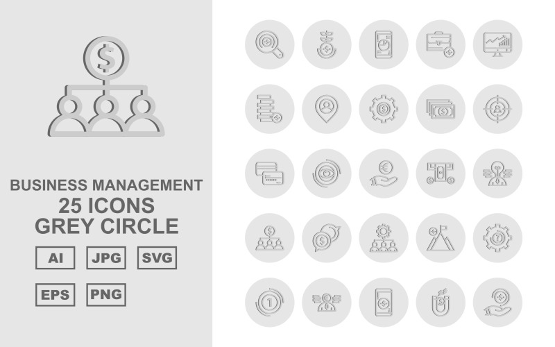 25 Set di icone Premium Business Management Grey Circle Pack