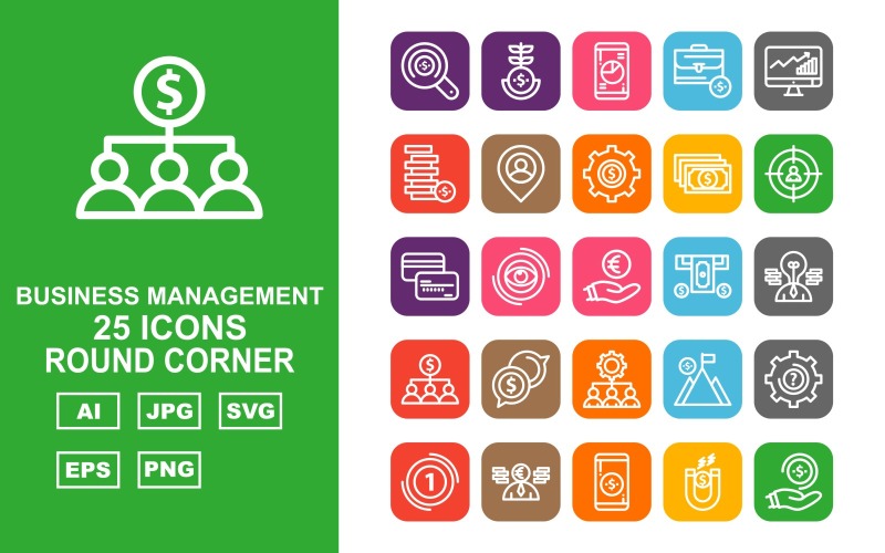 25 set di icone Premium Business Management Roung Corner Pack