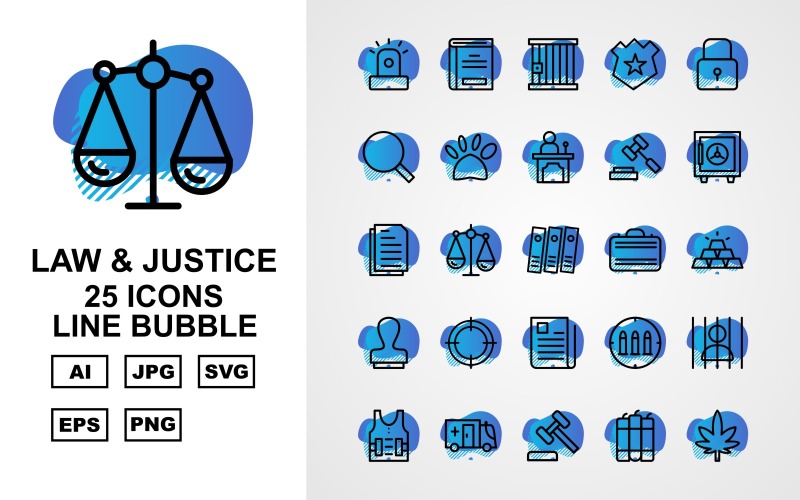 25 set di icone Premium Law and Justice Line Bubble Pack