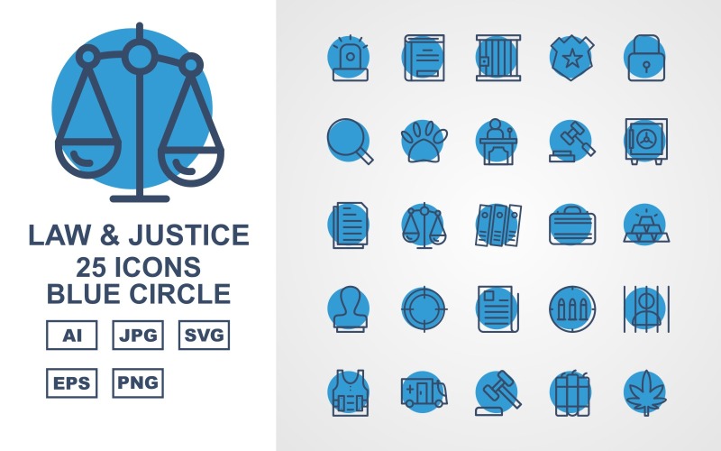 25溢价法律和正义的蓝色圆圈包图标集