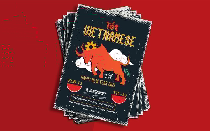 Download Фирменный стиль "Vietnamese New Year Flyer - Corporate Identity Template" / Vietnamese New Year Flyer - Corporate Identity Template - Фирменный стиль на тему графика vietnamese,new,year,flyer,bull,orange,black,promotion,celebration,promote,february,party,fest,festival,banner,illustration,vectors