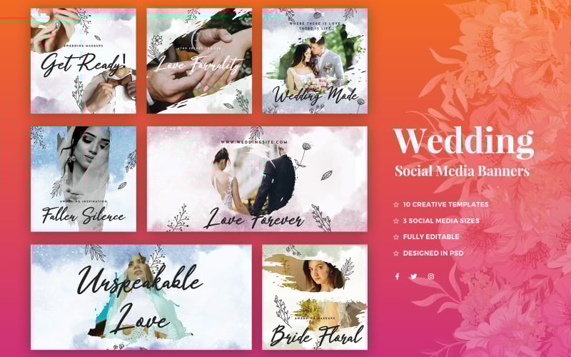 Download Шаблон для соцсетей "Wedding Social Media Template" / Wedding Social Media Template - Шаблон для соцсетей на тему графика facebook,instagram,twitter,post,template,templates,banner,banners,wedding,marriage,social,media,promotion,promotions,celebrations