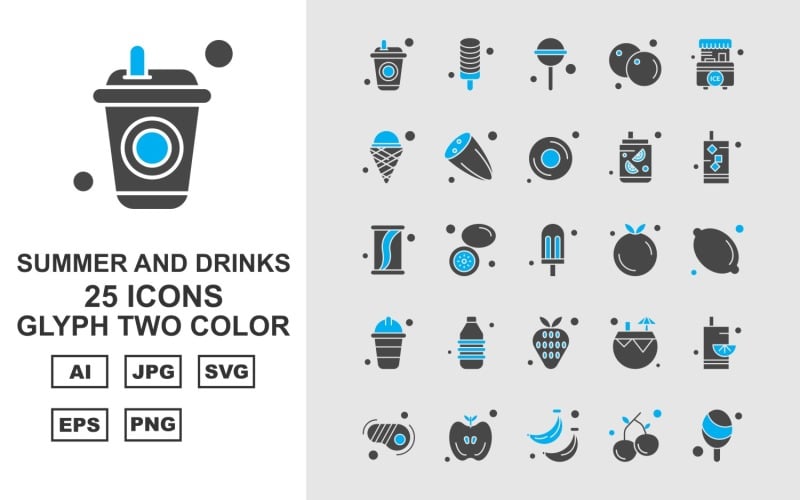 Conjunto de iconos de paquete de dos colores de glifos de verano y bebidas premium 25