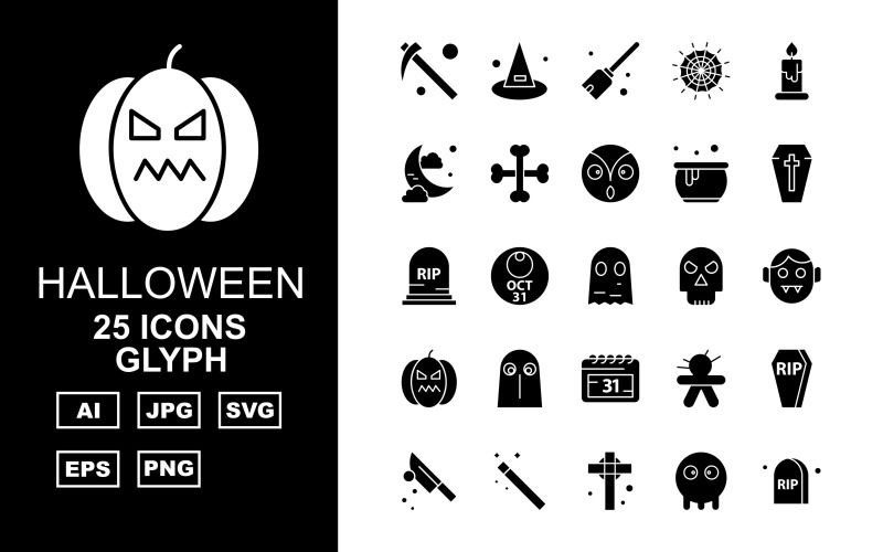 Conjunto de iconos de paquete de glifos de Halloween premium 25