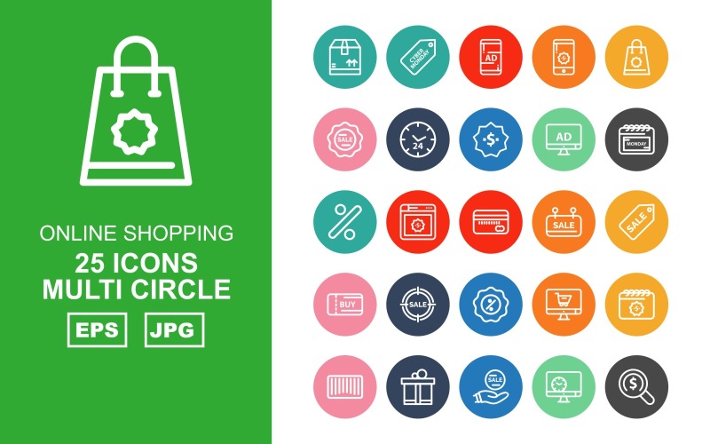 25 Conjunto de iconos de paquete de múltiples círculos de compras en línea premium