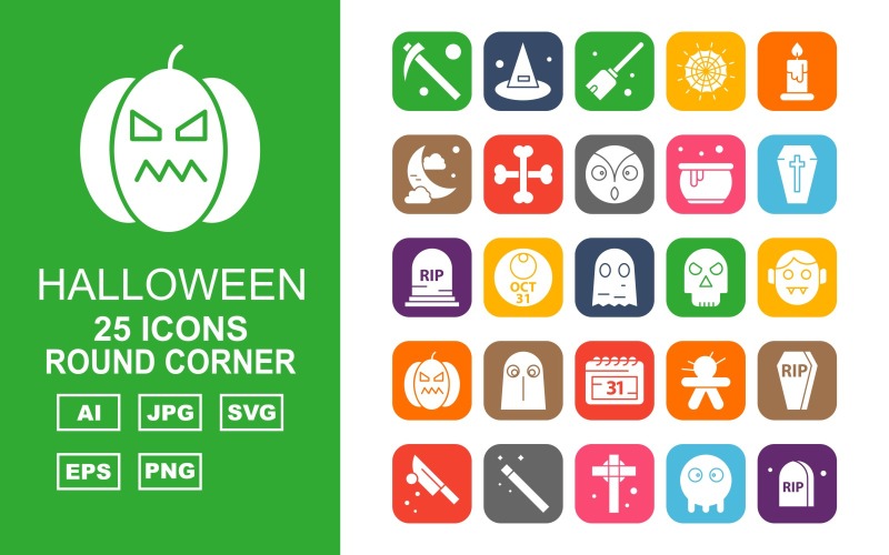 25 iconos premium de paquete de esquina redonda de Halloween