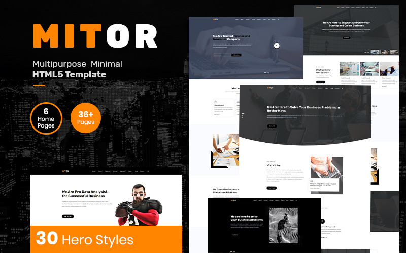 Mitor Minimální víceúčelová černá a bílá bootstrap webová šablona