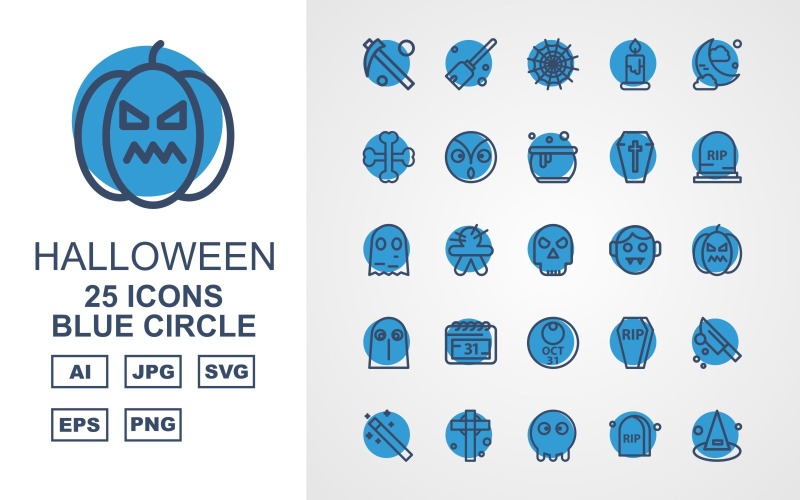 Набор иконок 25 премиум-класса с синим кругом на Хэллоуин