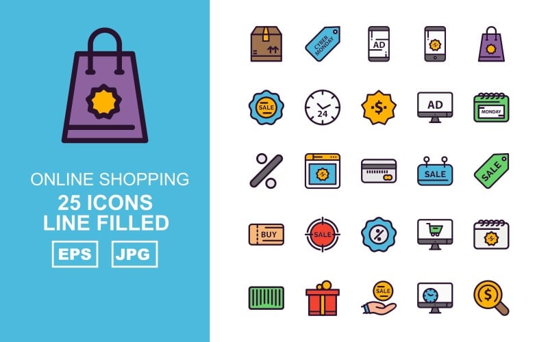 25 премиальных интернет-магазинов Line Filled Pack Icon Set