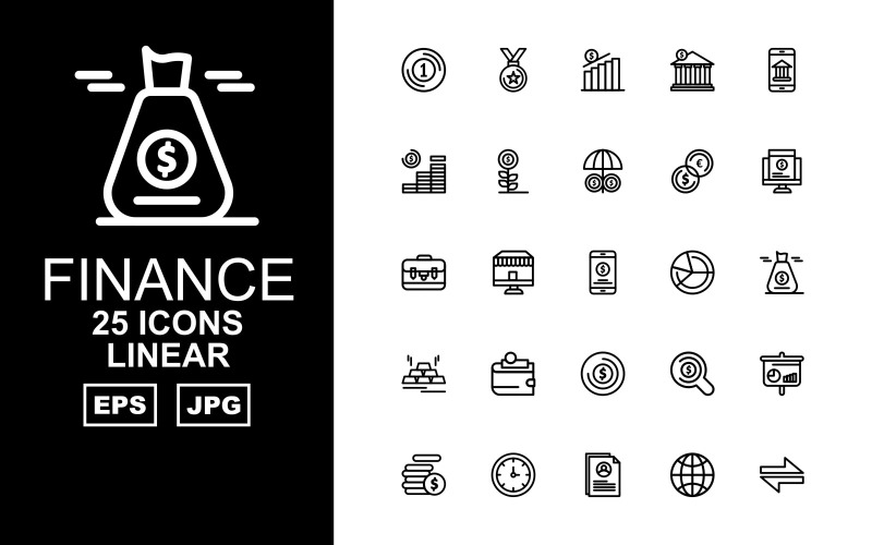 Download Набор иконок "25 Premium Finance Linear Pack Icon Set" / 25 Premium Finance Linear Pack Icon Set - Набор иконок на тему финансы business,shop,search,analytics,coin,clock,profile,earth,direction,award,bank,smartphone,plant,umbrella,sack,brick gold,wallet,icon,icons