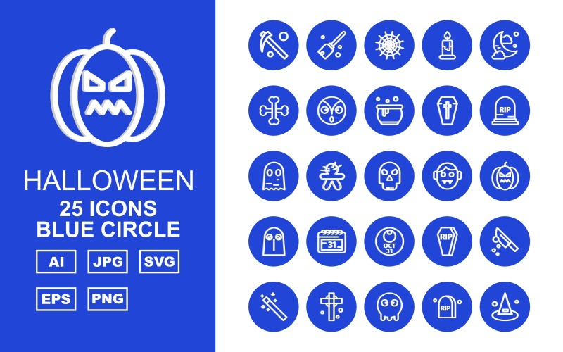 25 Premium Halloween Blue Circle Pack Ikonuppsättning