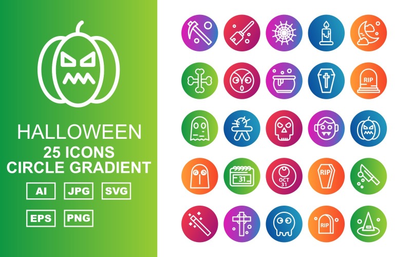 Download Набор иконок "25 Premium Halloween Circle Gradient Pack Icon Set" / 25 Premium Halloween Circle Gradient Pack Icon Set - Набор иконок на тему culture scythe,voodoo,grave,knife,wand,celtic,ghost,magic,broom,candle,midnight,bone,vampirefreaks,cauldron,coffin,freaks,icon,icons