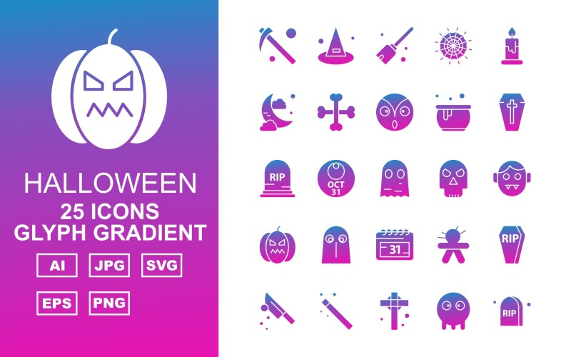 Download Набор иконок "25 Premium Halloween Glyph Gradient Pack Icon Set" / 25 Premium Halloween Glyph Gradient Pack Icon Set - Набор иконок на тему culture scythe,voodoo,grave,knife,wand,celtic,ghost,magic,broom,candle,midnight,bone,vampirefreaks,cauldron,coffin,freaks,icon,icons