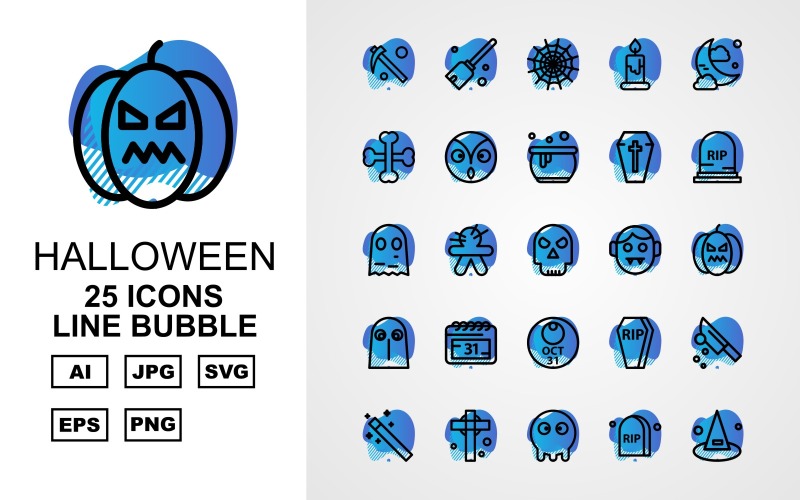 Download Набор иконок "25 Premium Halloween Line Bubble Pack Icon Set" / 25 Premium Halloween Line Bubble Pack Icon Set - Набор иконок на тему culture scythe,voodoo,grave,knife,wand,celtic,ghost,magic,broom,candle,midnight,bone,vampirefreaks,cauldron,coffin,freaks,icon,icons