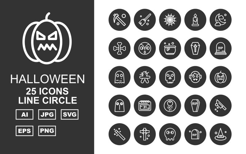 Download Набор иконок "25 Premium Halloween Line Circle Pack Icon Set" / 25 Premium Halloween Line Circle Pack Icon Set - Набор иконок на тему culture scythe,voodoo,grave,knife,wand,celtic,ghost,magic,broom,candle,midnight,bone,vampirefreaks,cauldron,coffin,freaks,icon,icons