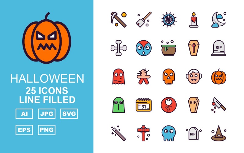 Download Набор иконок "25 Premium Halloween Line Filled Pack Icon Set" / 25 Premium Halloween Line Filled Pack Icon Set - Набор иконок на тему culture scythe,voodoo,grave,knife,wand,celtic,ghost,magic,broom,candle,midnight,bone,vampirefreaks,cauldron,coffin,freaks,icon,icons