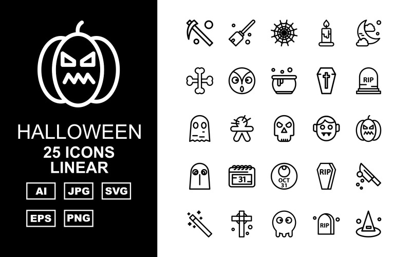 Download Набор иконок "25 Premium Halloween Linear Pack Icon Set" / 25 Premium Halloween Linear Pack Icon Set - Набор иконок на тему culture scythe,voodoo,grave,knife,wand,celtic,ghost,magic,broom,candle,midnight,bone,vampirefreaks,cauldron,coffin,freaks,icon,icons