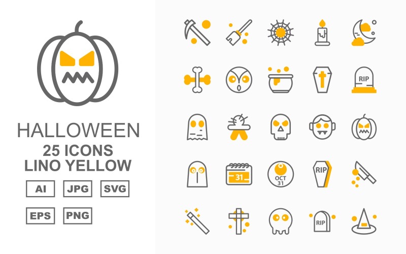 25 Premium Halloween Lino Yellow Pack Ikonuppsättning