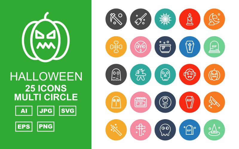 25 Premium Halloween Multi Circle Pack Ikonuppsättning