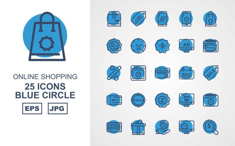 Download Набор иконок "25 Premium Online Shopping Blue Circle Pack Icon Set" / 25 Premium Online Shopping Blue Circle Pack Icon Set - Набор иконок на тему shopping box,browser,online shop,bar code,gift,sale,lcd,find,cyber monday,smartphone,bag,tag,clock,dollar,calendar,percentage,atm card,icon,icons