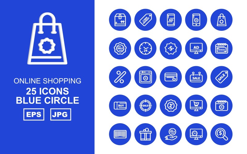 Download Набор иконок "25 Premium Online Shopping Blue Circle Pack Icon Set" / 25 Premium Online Shopping Blue Circle Pack Icon Set - Набор иконок на тему shopping box,browser,online shop,bar code,gift,sale,lcd,find,cyber monday,smartphone,bag,tag,clock,dollar,calendar,percentage,atm card,icon,icons