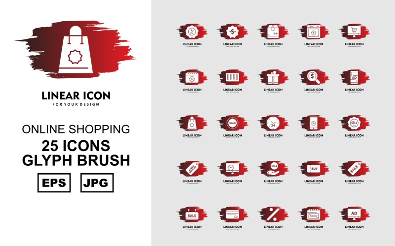 Download Набор иконок "25 Premium Online Shopping Glyph Brush Pack Icon Set" / 25 Premium Online Shopping Glyph Brush Pack Icon Set - Набор иконок на тему shopping box,browser,online shop,bar code,gift,sale,lcd,find,cyber monday,smartphone,bag,tag,clock,dollar,calendar,percentage,atm card,icon,icons