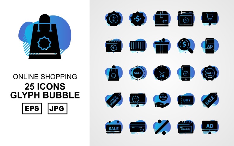 Download Набор иконок "25 Premium Online Shopping Glyph Bubble Pack Icon Set" / 25 Premium Online Shopping Glyph Bubble Pack Icon Set - Набор иконок на тему shopping box,browser,online shop,bar code,gift,sale,lcd,find,cyber monday,smartphone,bag,tag,clock,dollar,calendar,percentage,atm card,icon,icons