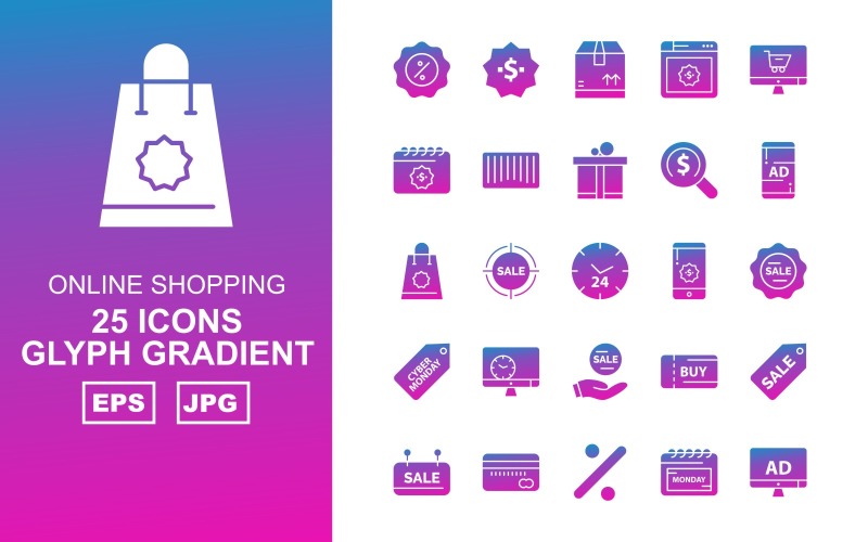 Download Набор иконок "25 Premium Online Shopping Glyph Gradient Pack Icon Set" / 25 Premium Online Shopping Glyph Gradient Pack Icon Set - Набор иконок на тему shopping box,browser,online shop,bar code,gift,sale,lcd,find,cyber monday,smartphone,bag,tag,clock,dollar,calendar,percentage,atm card,icon,icons