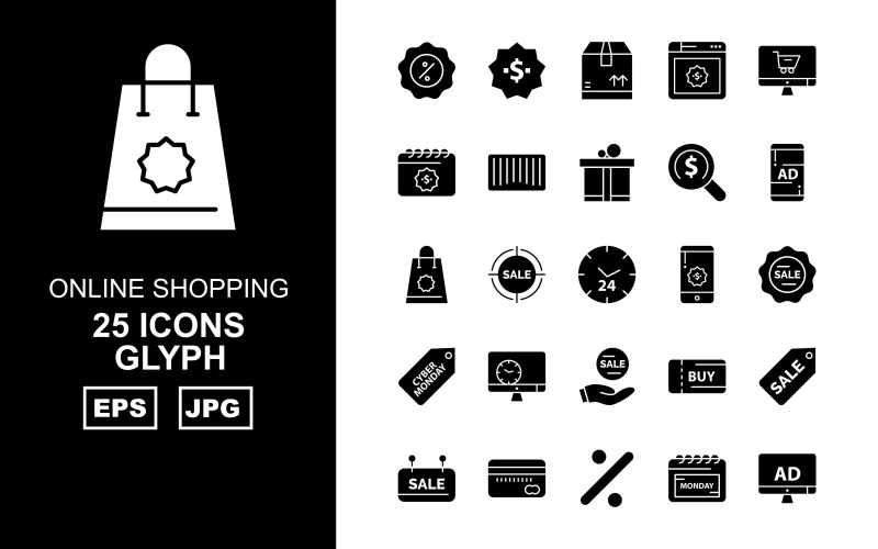 Download Набор иконок "25 Premium Online Shopping Glyph Pack Icon Set" / 25 Premium Online Shopping Glyph Pack Icon Set - Набор иконок на тему shopping box,browser,online shop,bar code,gift,sale,lcd,find,cyber monday,smartphone,bag,tag,clock,dollar,calendar,percentage,atm card,icon,icons